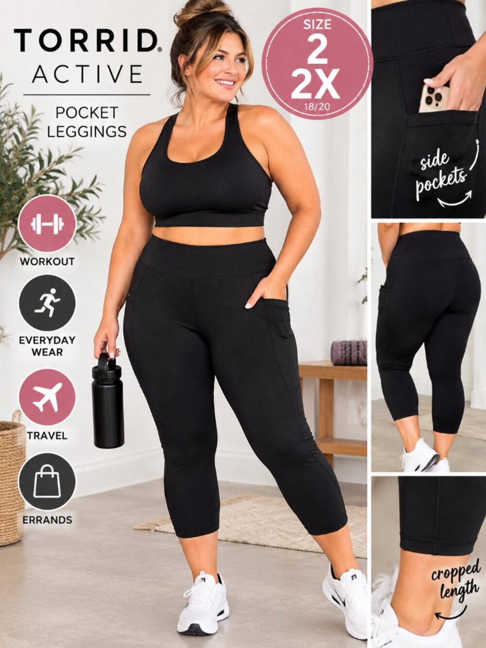 Torrid TRU Performance Core Crop Pocket Leggings Black Plus Size 2 2X 18/20